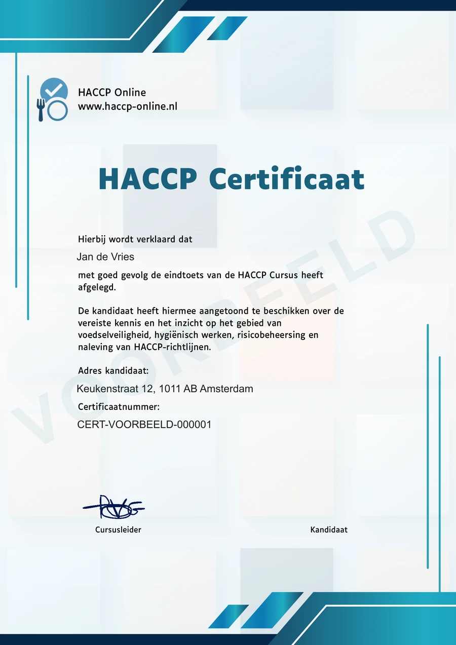 Voorbeeld van het HACCP-certificaat van HACCP Online